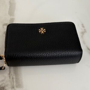 Tory Burch Black Pebbled Leather Zip-Around Wallet with Gold Logo